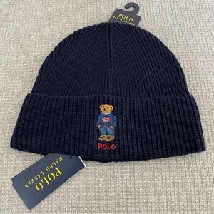 New Polo Ralph Lauren Denim Flag Bear Beanie Navy Color